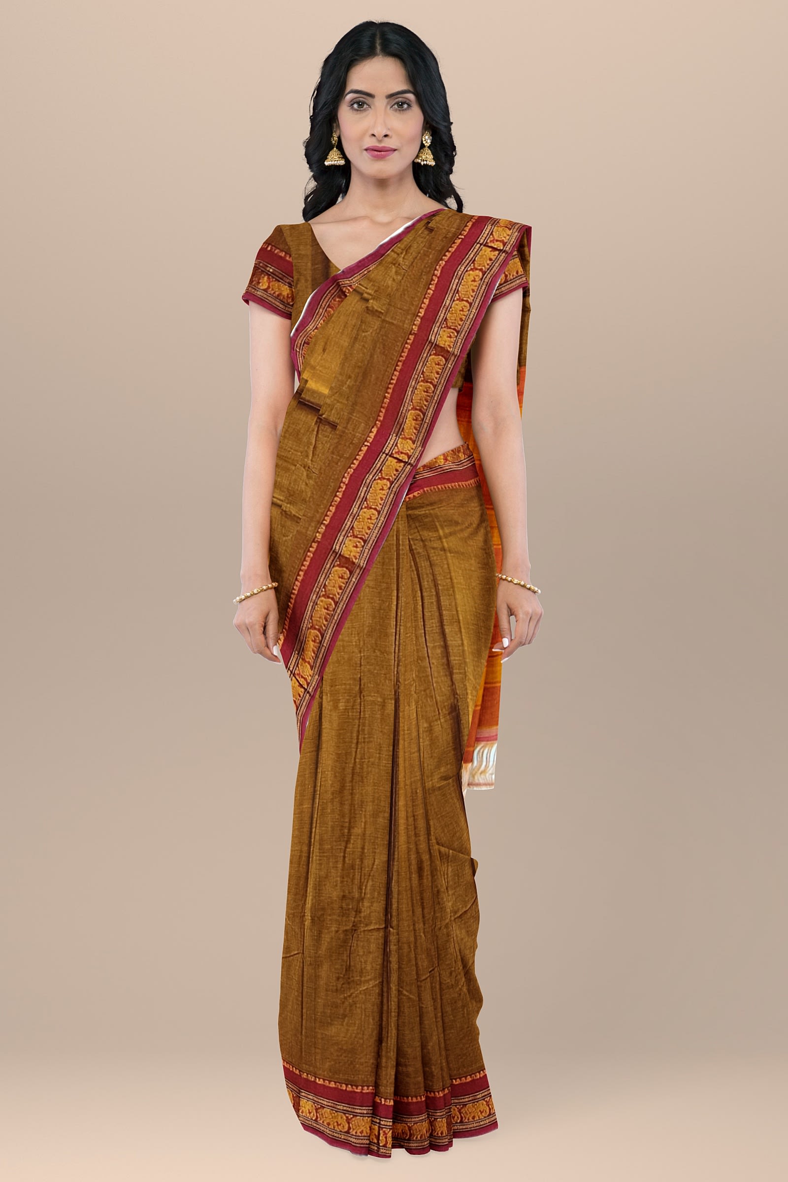 Khaki Single Elephant Jari Border Narayanpet Pure Handloom Cotton Saree with Running blouse piece