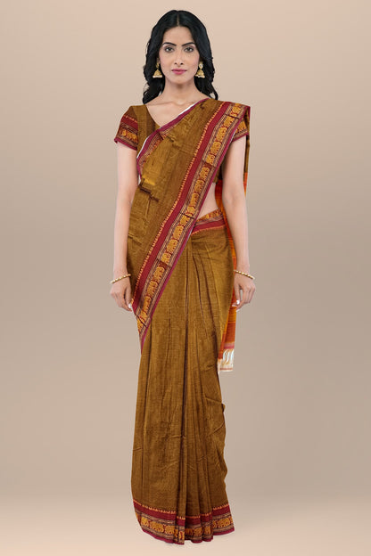 Khaki Single Elephant Jari Border Narayanpet Pure Handloom Cotton Saree with Running blouse piece