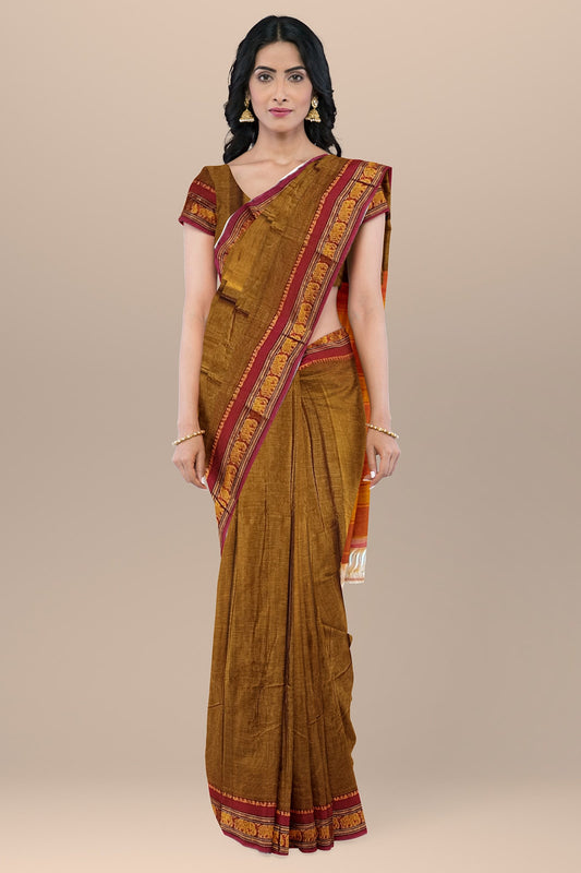 Khaki Single Elephant Jari Border Narayanpet Pure Handloom Cotton Saree with Running blouse piece