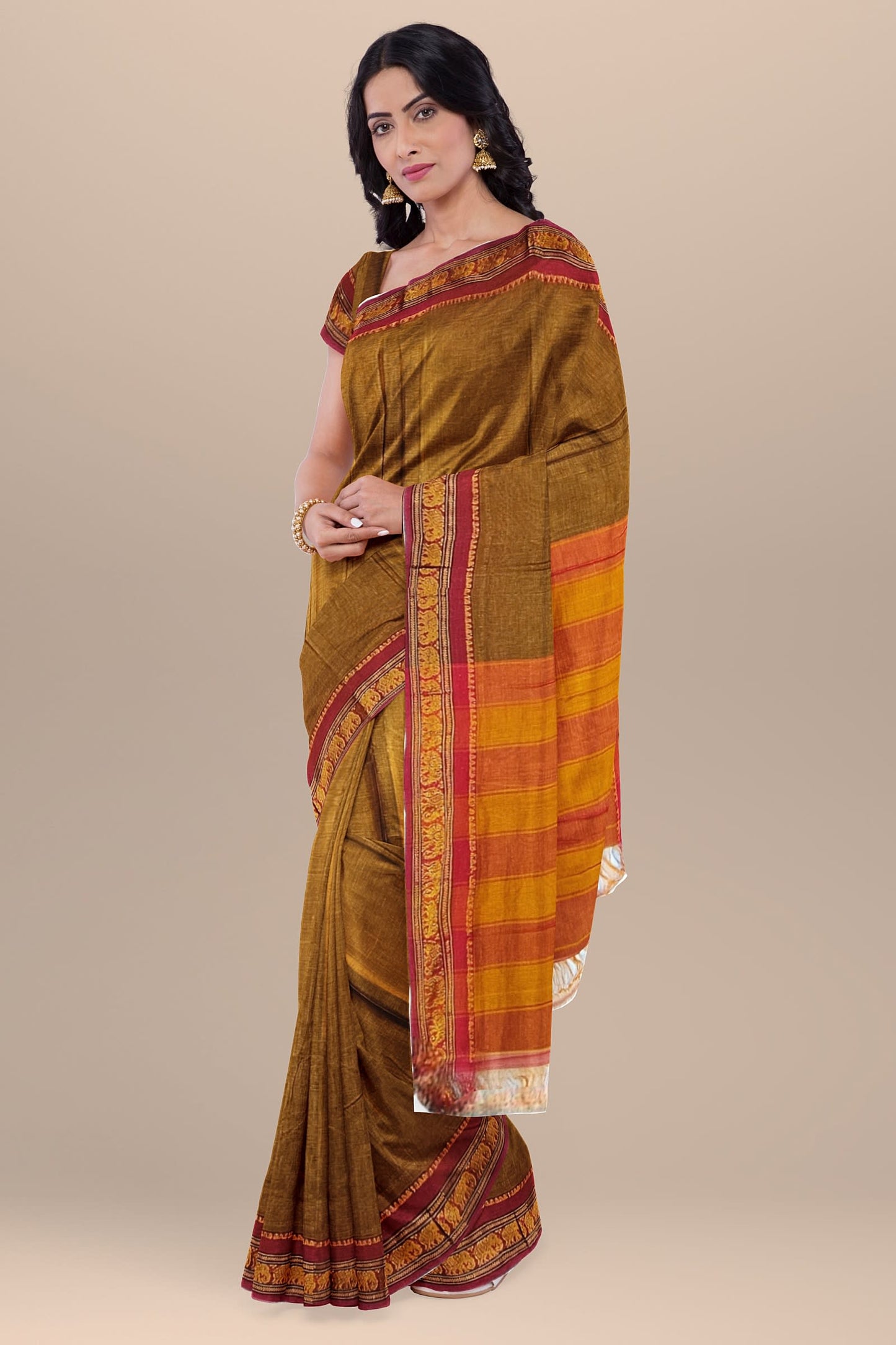 Khaki Single Elephant Jari Border Narayanpet Pure Handloom Cotton Saree with Running blouse piece