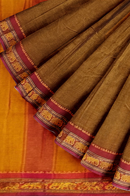 Khaki Single Elephant Jari Border Narayanpet Pure Handloom Cotton Saree with Running blouse piece