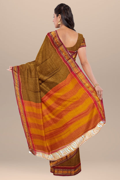 Khaki Single Elephant Jari Border Narayanpet Pure Handloom Cotton Saree with Running blouse piece