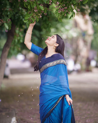Ananda Blue Elephant Motif Narayanpet Pure  cotton saree