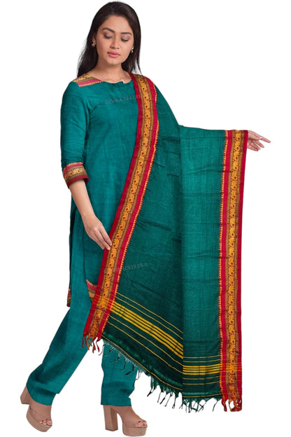 Bottle Green 100% Pure Narayanpeth Cotton Elephant Border Dress Material