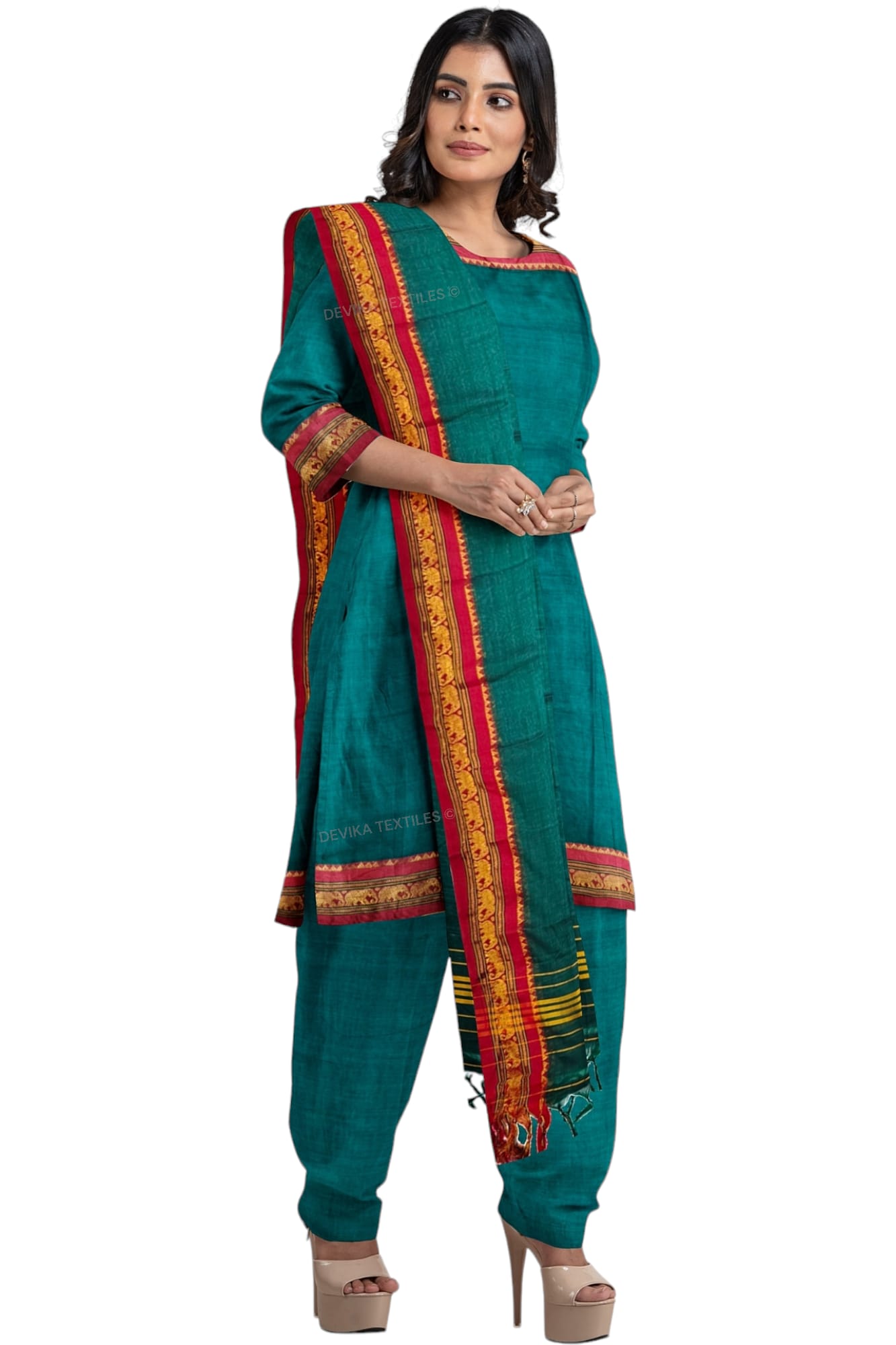 Bottle Green 100% Pure Narayanpeth Cotton Elephant Border Dress Material