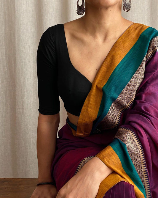 Magenta Avani Border Narayanpet Pure Handloom Cotton Saree with Running blouse piece