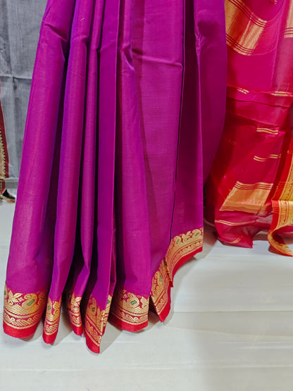 Magenta Chamka (Shine) Cotton ilkal Handloom Saree with Dyed Resham Pallu
