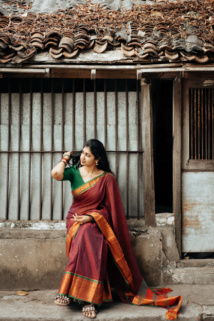 Magenta Checks Narayanpet Pure Cotton Saree