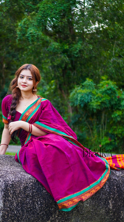 Magenta Elephant Border Narayanpet Pure Cotton Saree