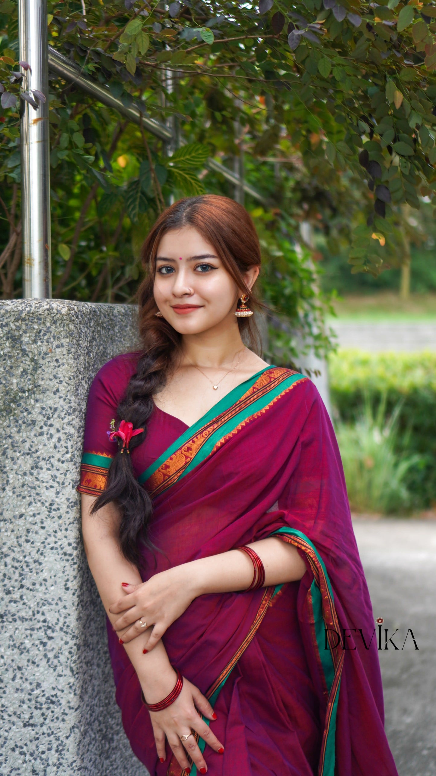 Magenta Elephant Border Narayanpet Pure Cotton Saree