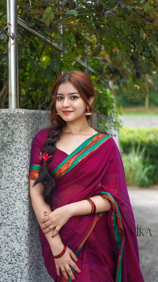 Magenta Elephant Border Narayanpet Pure Cotton Saree