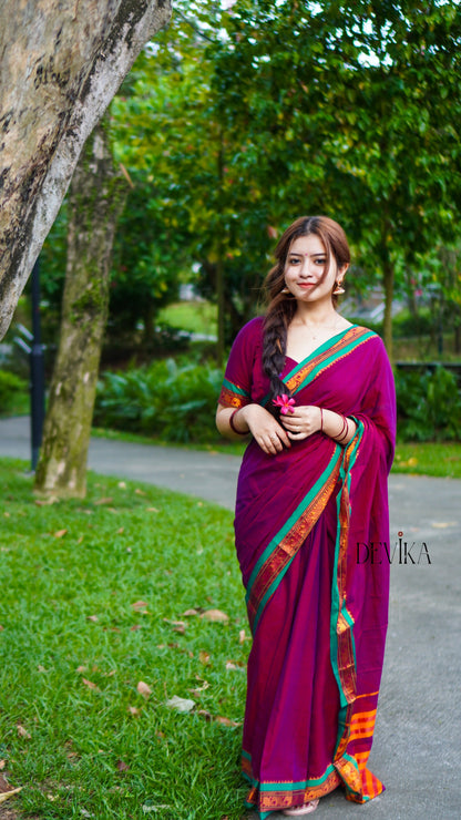 Magenta Elephant Border Narayanpet Pure Cotton Saree