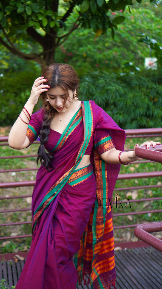Magenta Elephant Border Narayanpet Pure Cotton Saree
