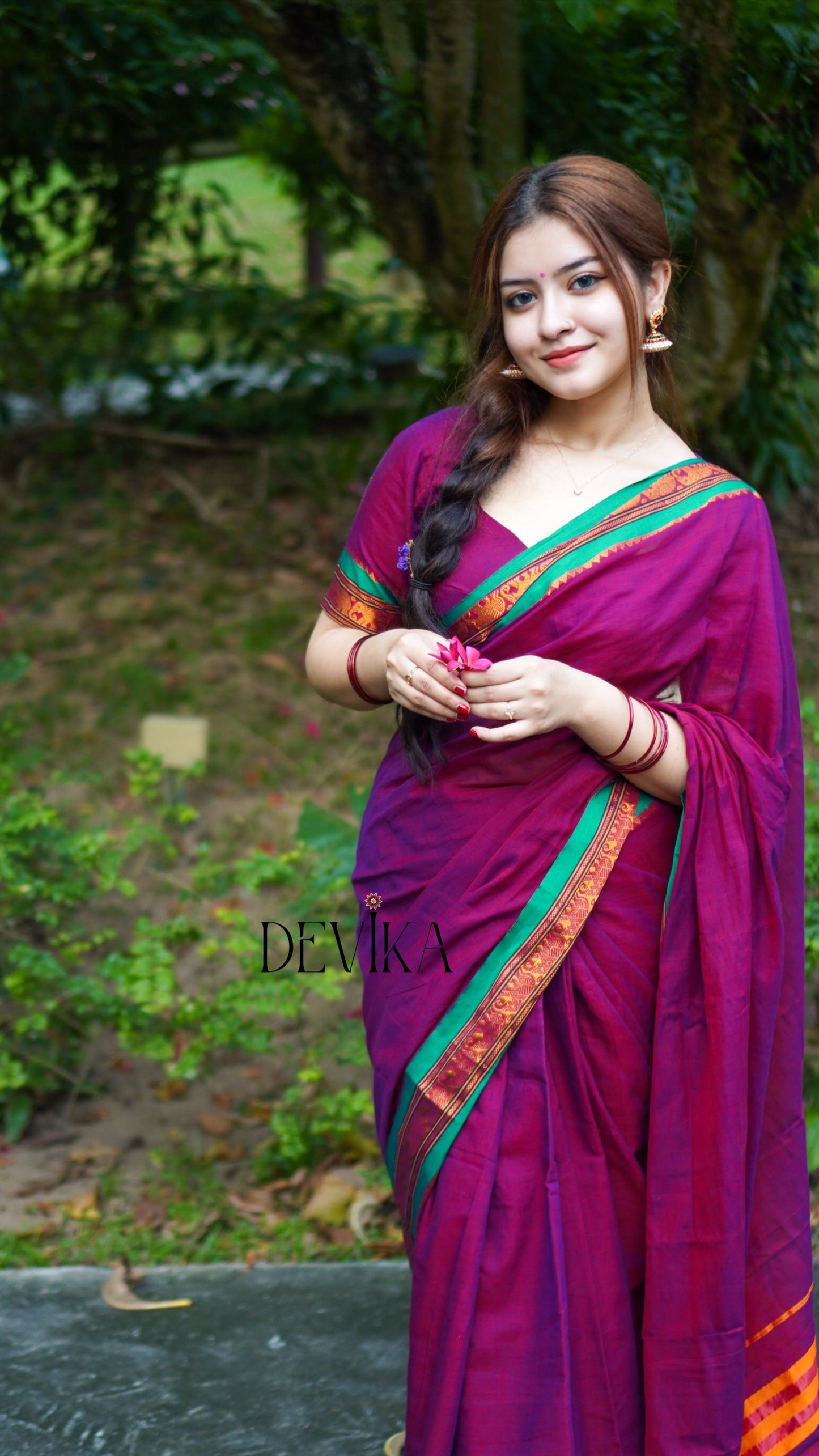 Magenta Elephant Border Narayanpet Pure Cotton Saree