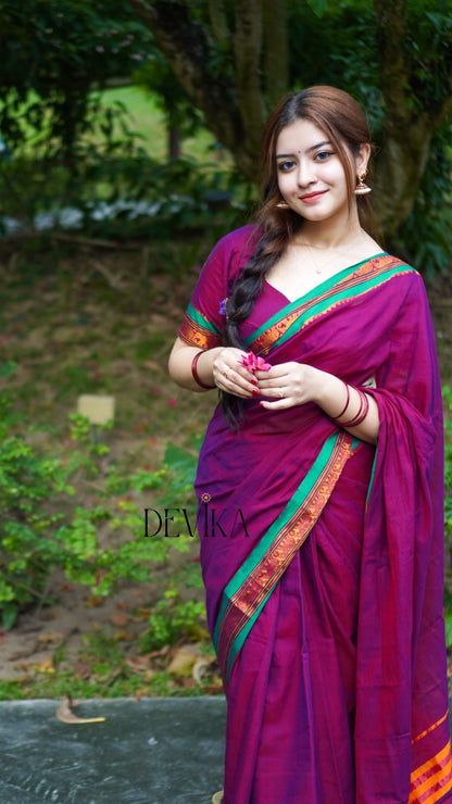 Magenta Elephant Border Narayanpet Pure Cotton Saree
