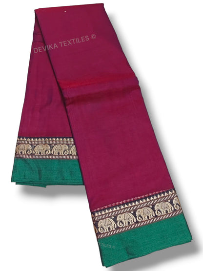 Magenta Elephant Border  100% Pure  Narayanpet Cotton saree with Running blouse piece