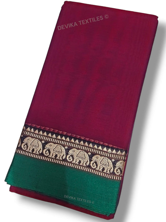 Magenta Elephant Border  100% Pure  Narayanpet Cotton saree with Running blouse piece