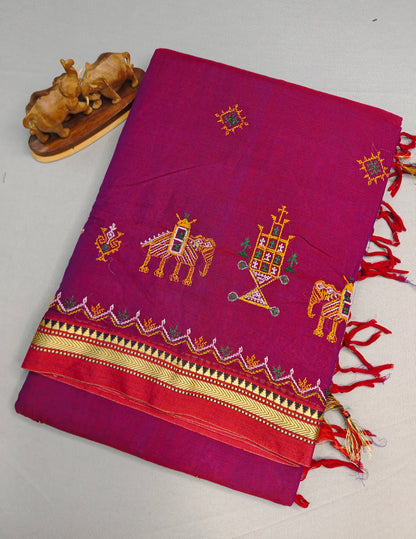Magenta Kasuti Embroidered Narayanapet Pure Cotton saree