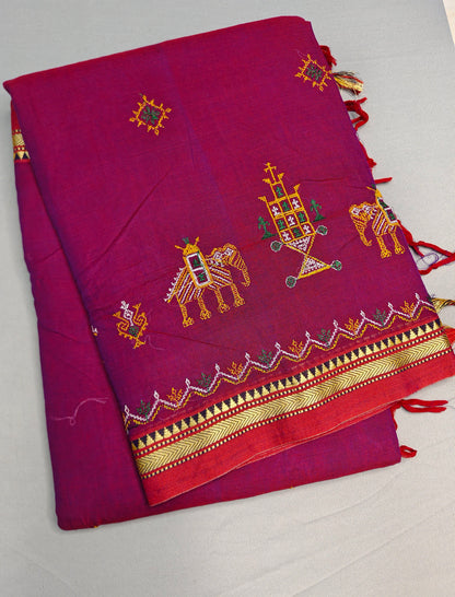 Magenta Kasuti Embroidered Narayanapet Pure Cotton saree