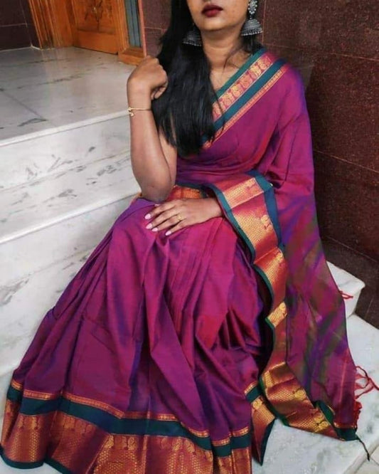 Magenta Peacock Border Narayanpet Pure Handloom Cotton Sarees with Running blouse piece
