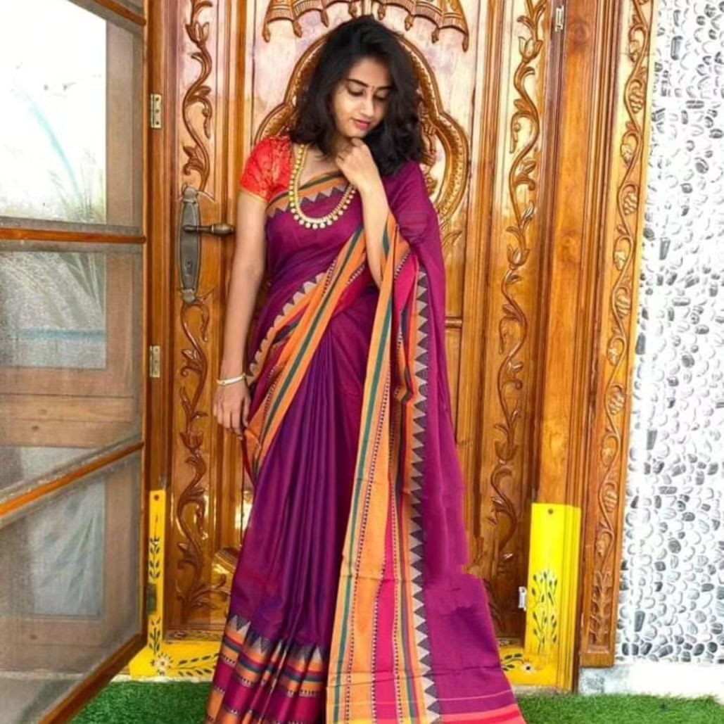 Magenta Rangoli Border Narayanpet Pure Handloom Cotton Saree with Running blouse piece