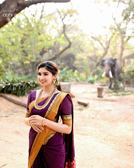Magenta Single Elephant Narayanpet Pure Handloom Cotton saree with Running blouse piece
