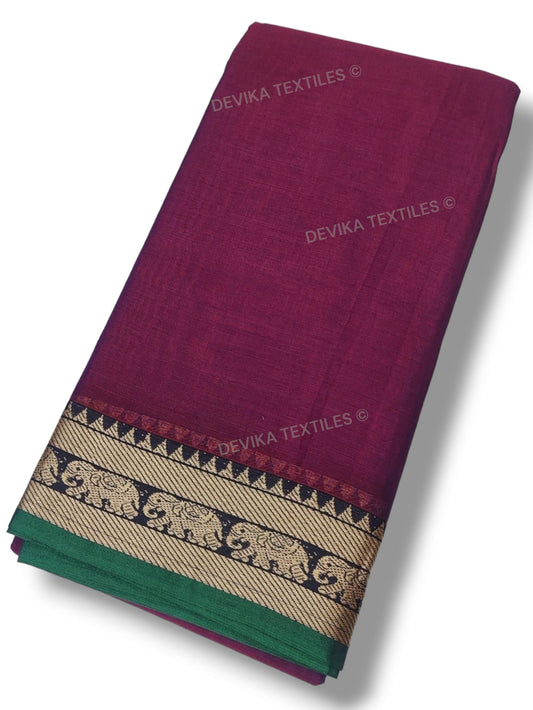 Magenta Single Elephant Thread Border Narayanpet pure Cotton saree with running blouse piece