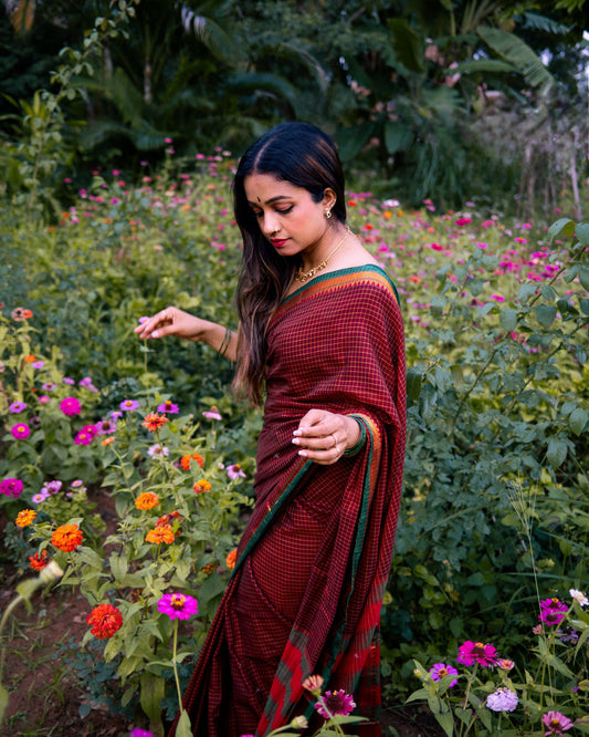 Maroon Ashwini Checked Pattern Narayanpet Pure Cotton saree
