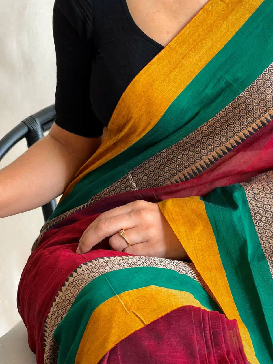 Maroon Avani Border Narayanpet Pure Handloom Cotton Sarees with Running blouse piece