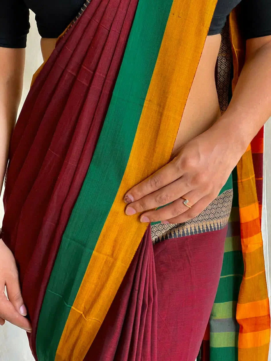 Maroon Avani Border Narayanpet Pure Handloom Cotton Sarees with Running blouse piece