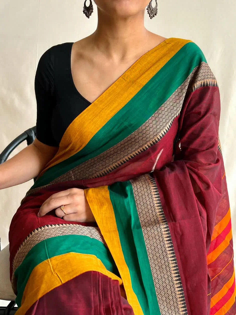 Maroon Avani Border Narayanpet Pure Handloom Cotton Sarees with Running blouse piece