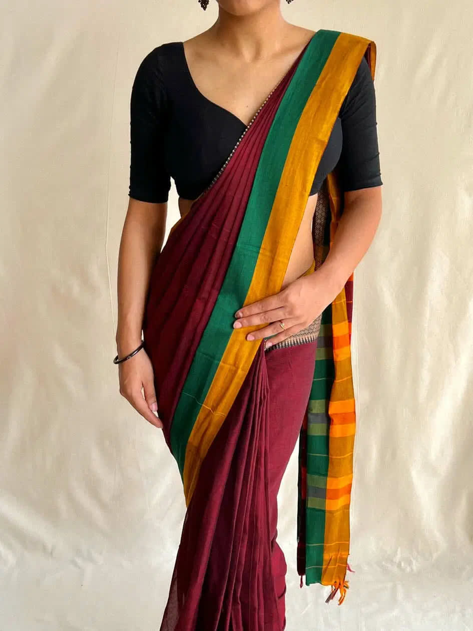 Maroon Avani Border Narayanpet Pure Handloom Cotton Sarees with Running blouse piece