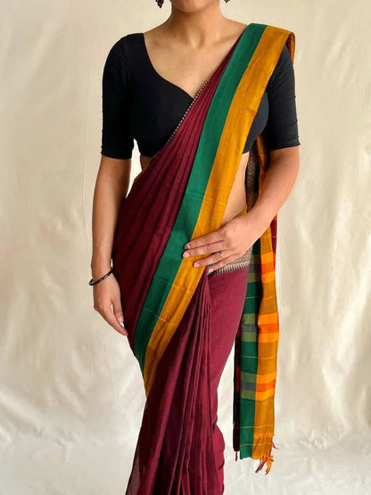 Maroon Avani Border Narayanpet Pure Handloom Cotton Sarees with Running blouse piece