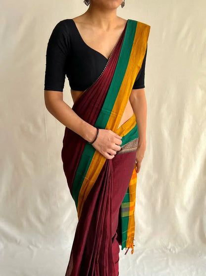 Maroon Avani Border Narayanpet Pure Handloom Cotton Sarees with Running blouse piece