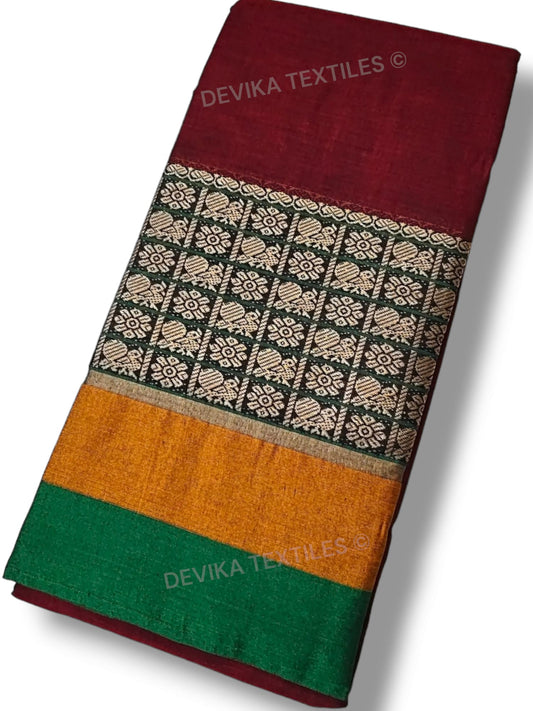 Maroon ChandraKala Narayanpeth Pure Handloom Cotton Saree With Running Blouse Piece(Same As saree)
