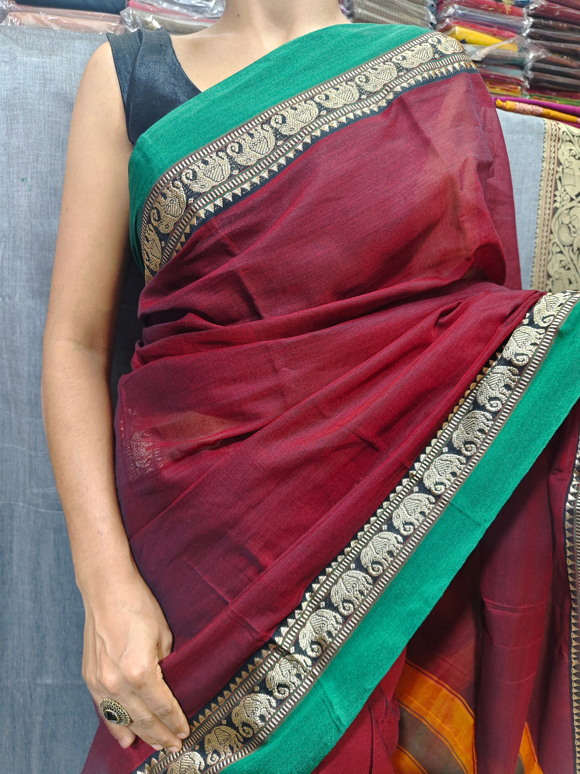 Maroon Elephant Border Narayanpet Pure cotton saree