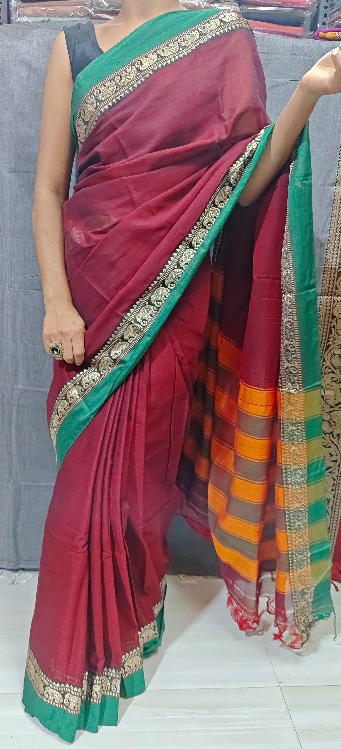 Maroon Elephant Border Narayanpet Pure cotton saree