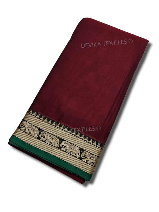 Maroon Elephant Thread Border Narayanpet Pure Handloom Cotton Sarees with Running blouse piece (Tanvi)