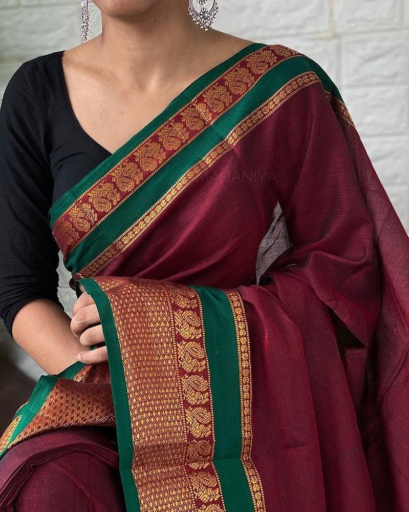 Maroon Handloom Plain Narayanpet Cotton saree