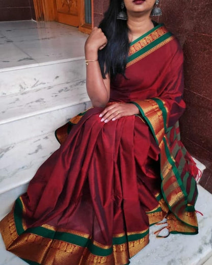 Maroon Peacock Border Narayanpet Cotton saree with Running blouse piece