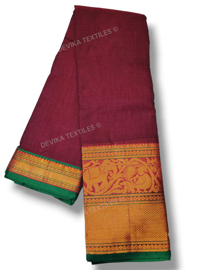 Maroon Tanvi Gold jari Border Narayanpet Pure Handloom Cotton saree with running blouse piece