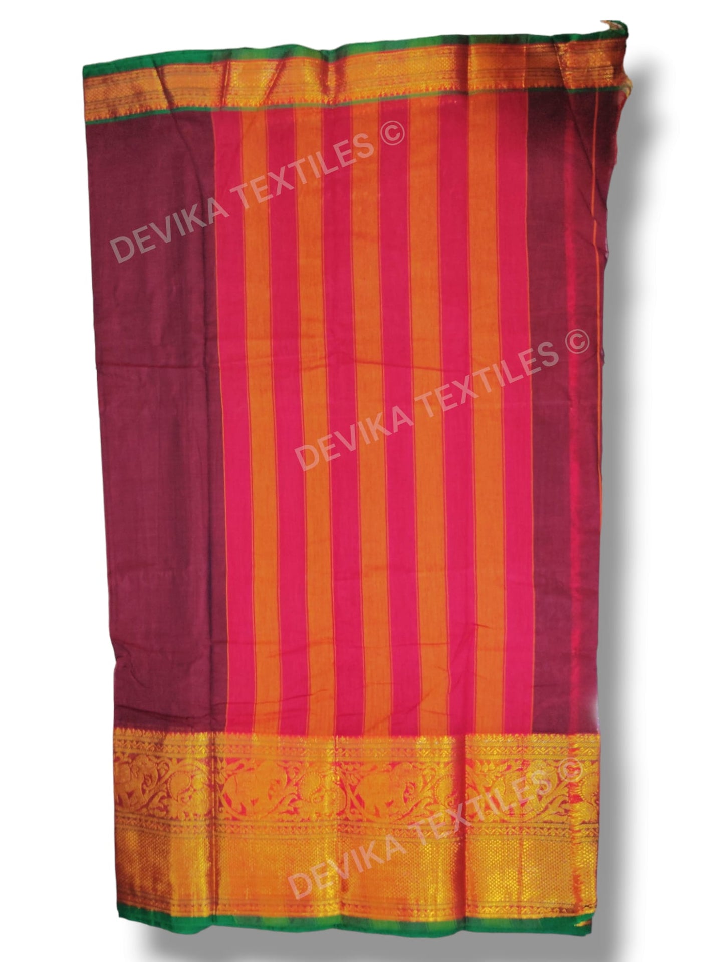Maroon Tanvi Gold jari Border Narayanpet Pure Handloom Cotton saree with running blouse piece