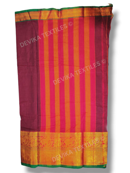 Maroon Tanvi Gold jari Border Narayanpet Pure Handloom Cotton saree with running blouse piece