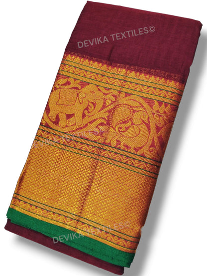 Maroon Tanvi Gold jari Border Narayanpet Pure Handloom Cotton saree with running blouse piece