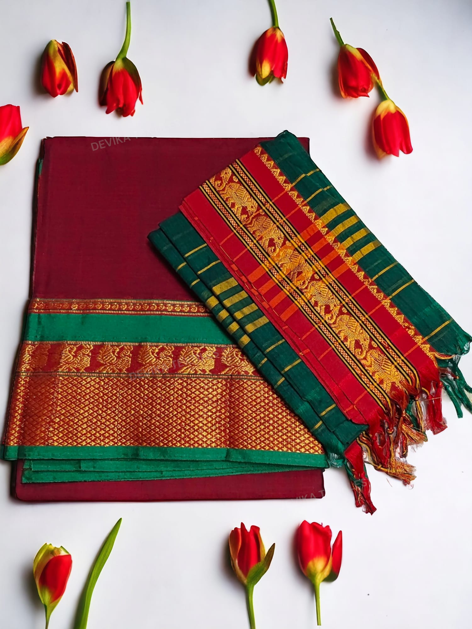 Maroon  100% Pure Narayanpeth Cotton Peacock Border Dress Material