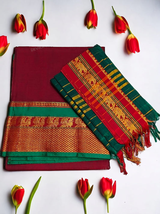 Maroon  100% Pure Narayanpeth Cotton Peacock Border Dress Material