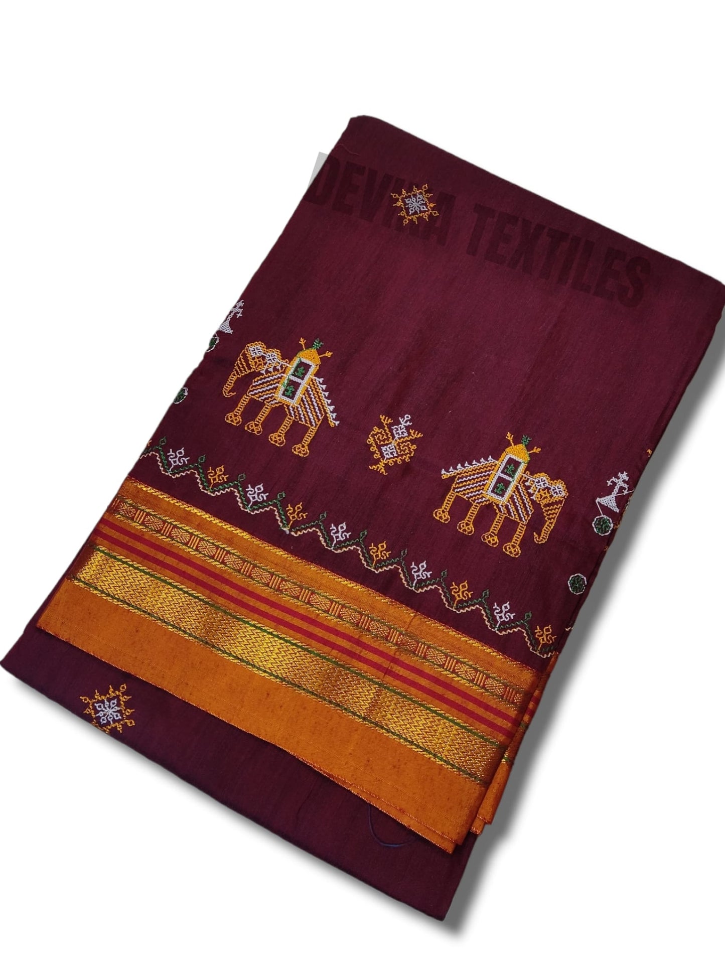 Maroon  Cottonsilk ilkal Kasuti work saree with running blouse piece