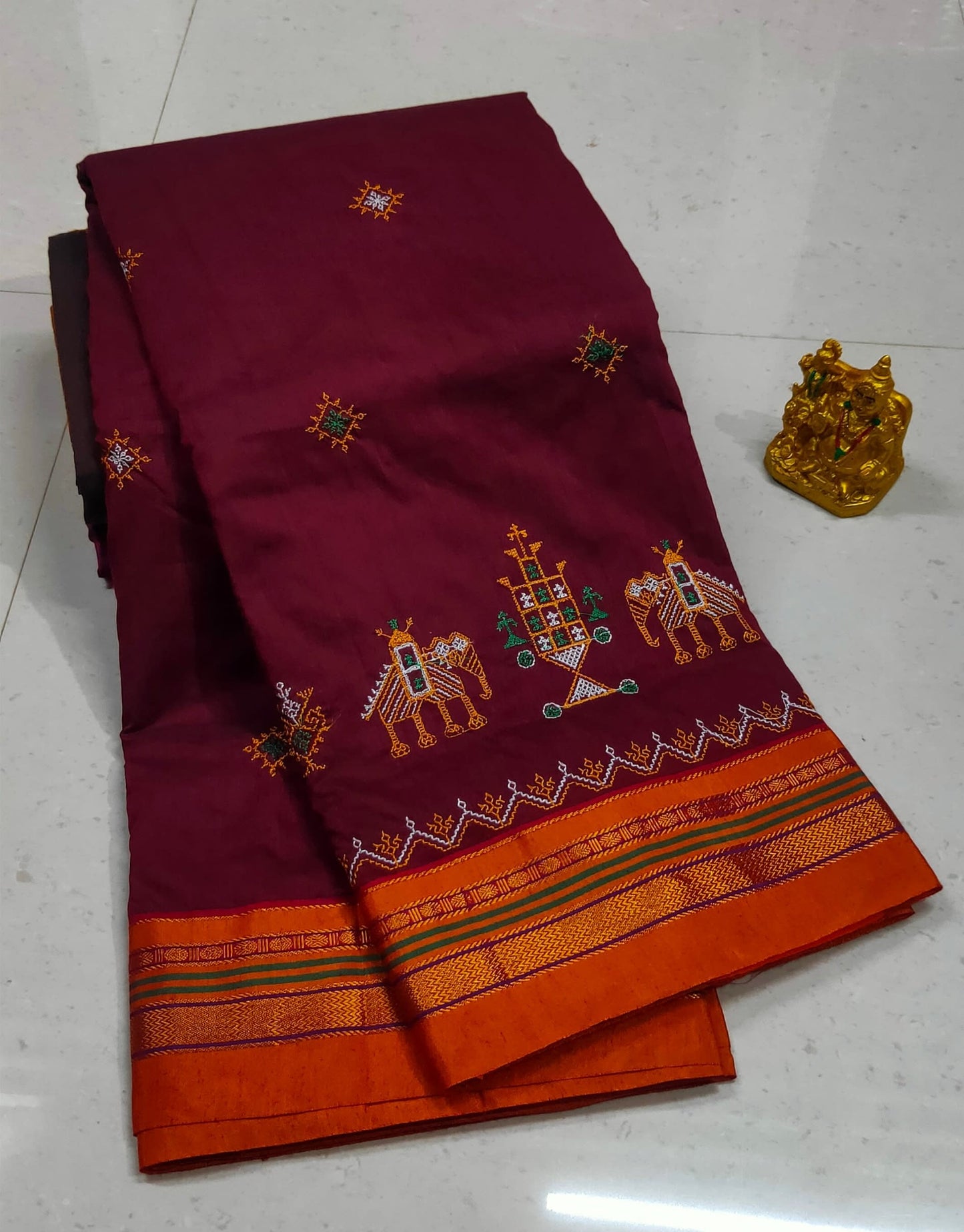 Maroon ilkal  Kasuti Work Acrylic Cotton saree