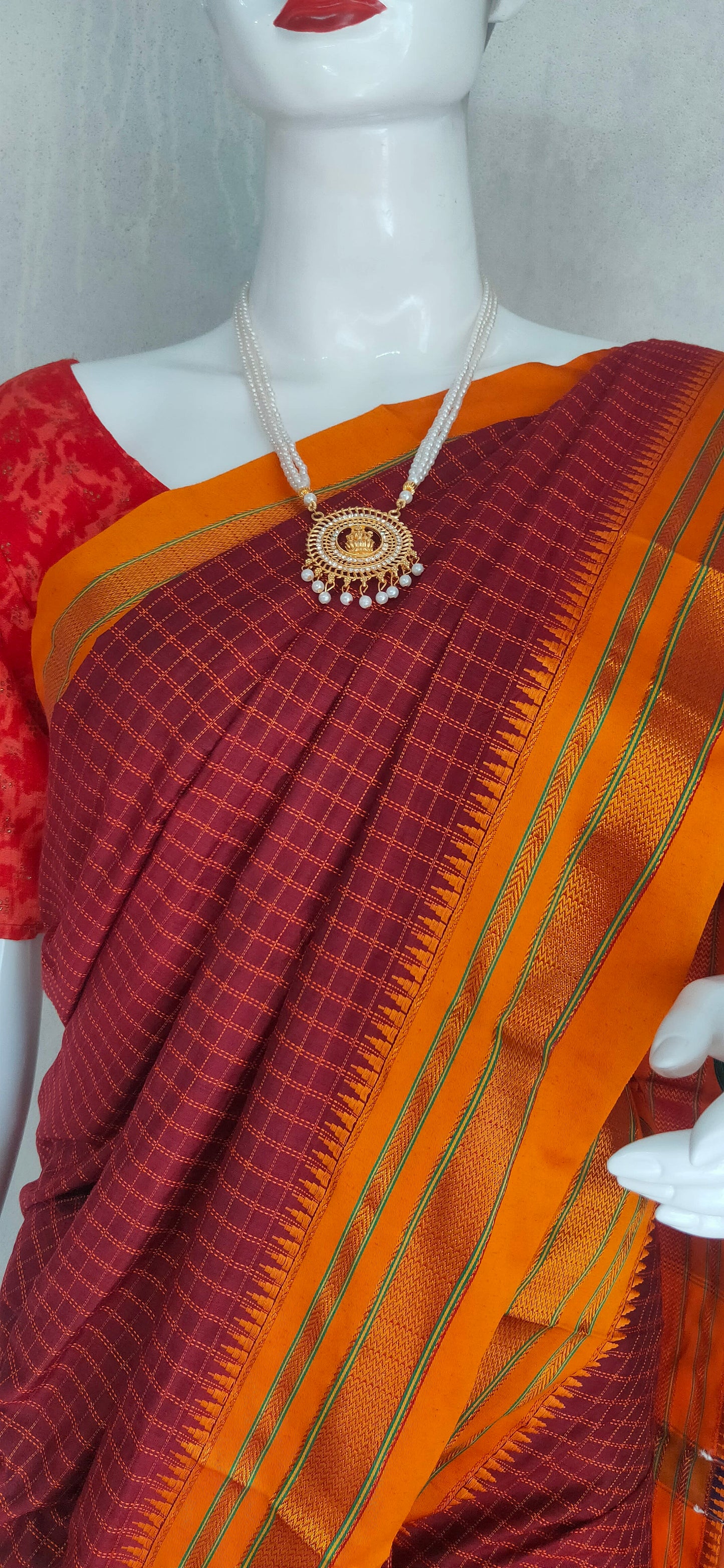 Maroon ilkal checked pattern Cottonsilk Saree With Running blouse piece (Same as Saree)