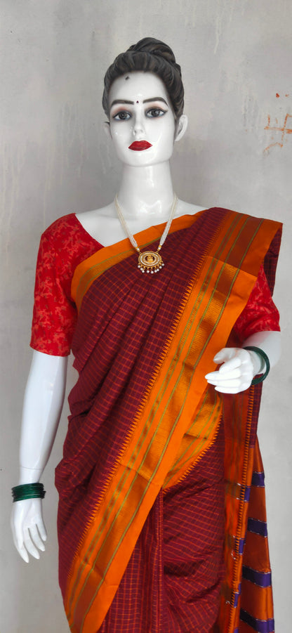 Maroon ilkal checked pattern Cottonsilk Saree With Running blouse piece (Same as Saree)